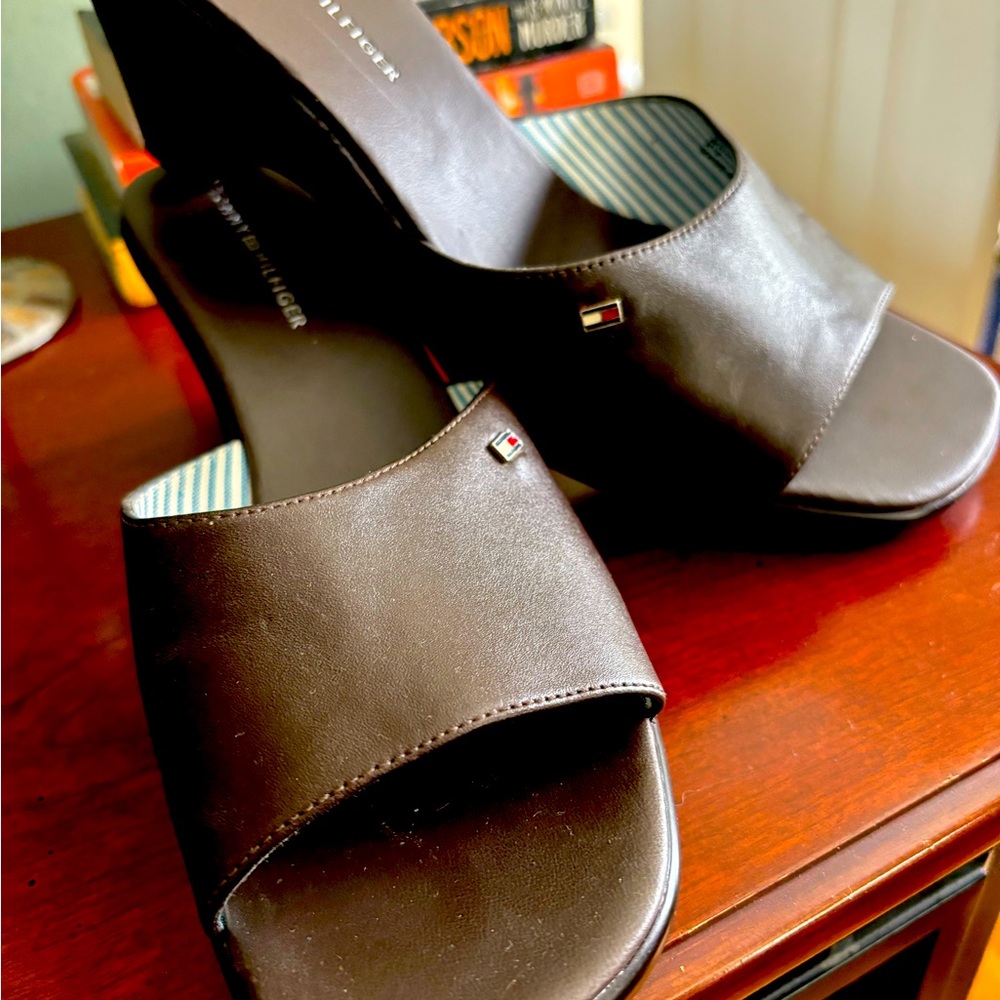 Tommy Hilfiger size 10, Marie Brown wedge heels open toed, chocolate brown